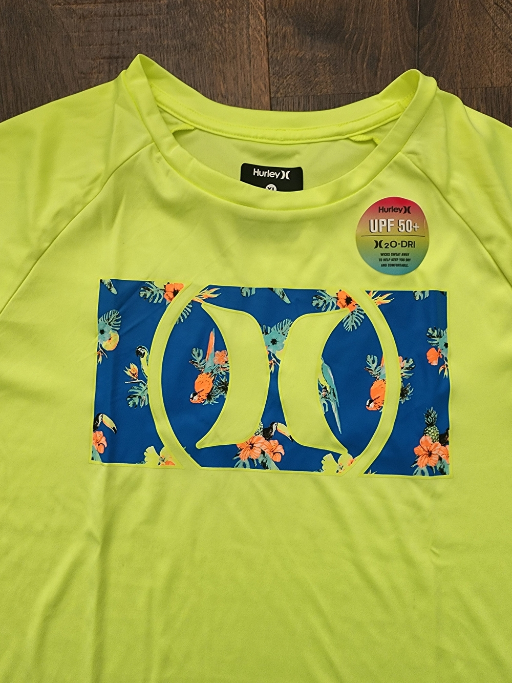 Hurley Neon Yellow Kids Short Sleeve Rash Shirt with Blue Tropical Logo